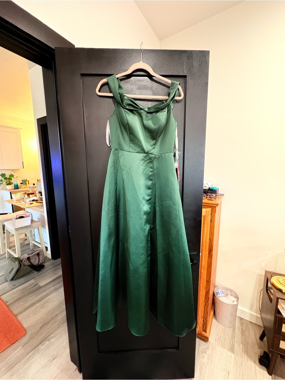 JJs House Emerald Green Satin A-Line Evening Gown